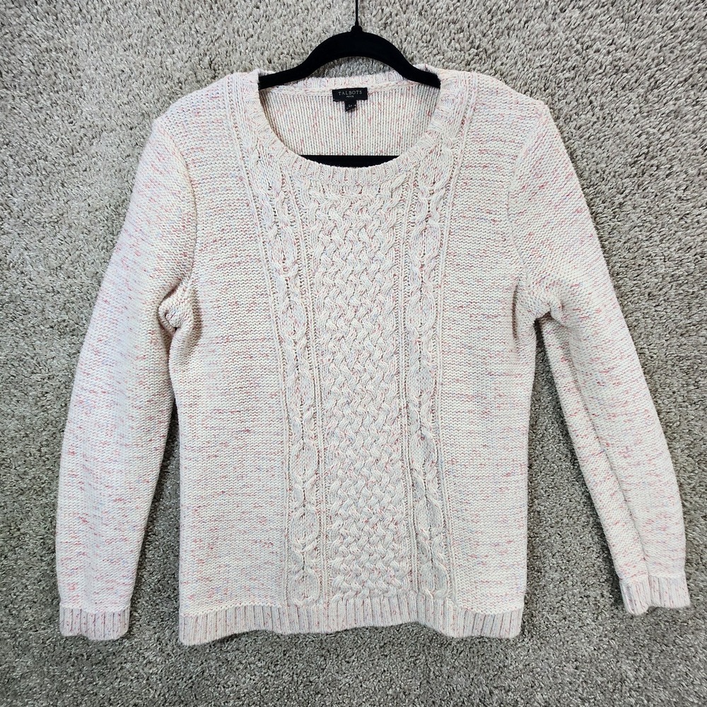 Talbots Sweater Womens Large Petite Light Pink Cable Knit Raglan Sleeve Chic